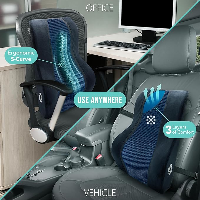 Samsonite Lumbar Support Pillow – Ergonomic Back Rest for Office Chair & Car Seat, Memory Foam Cushion for Lower Back Pain Relief, Breathable Mesh, Adjustable Strap, Black/Blue Mesh