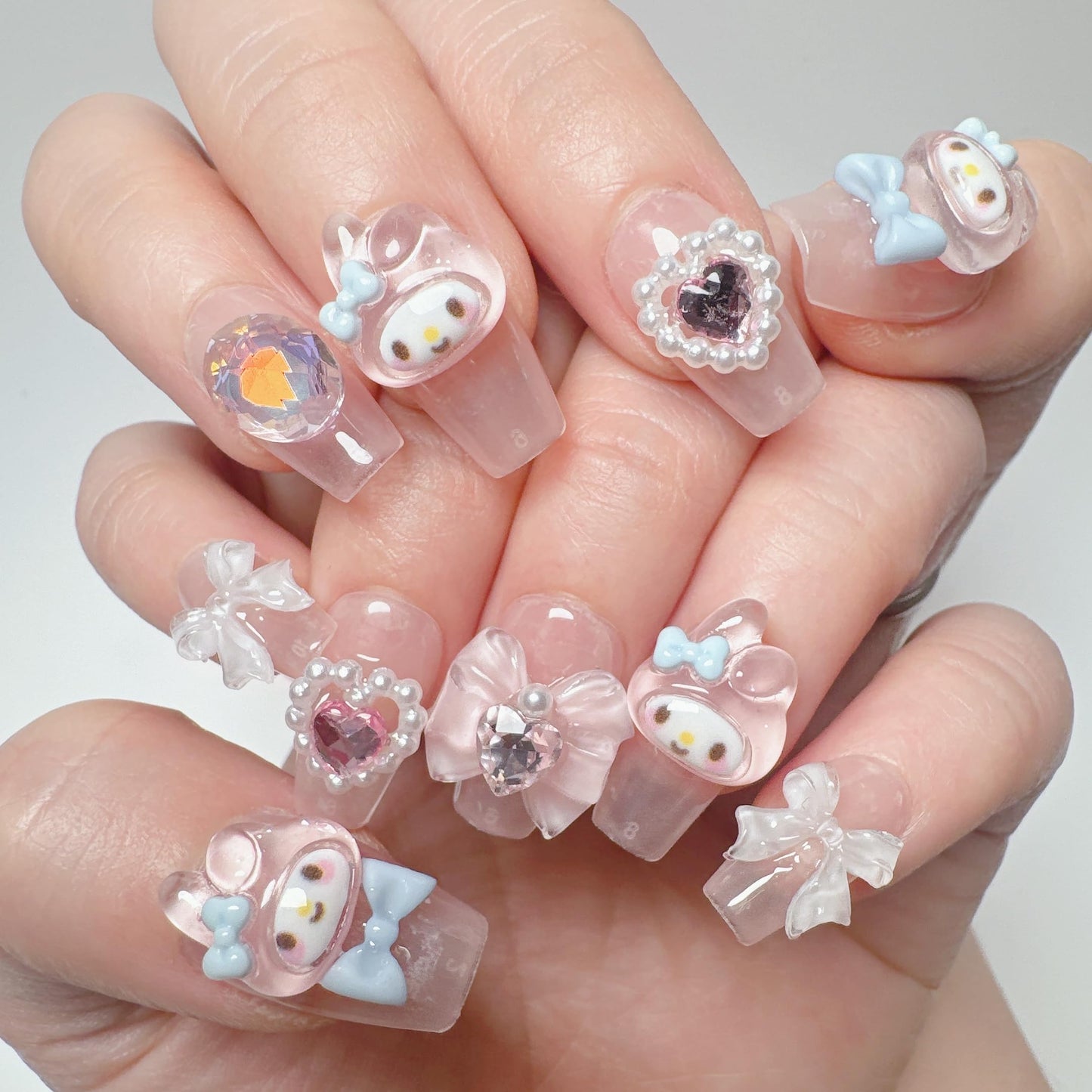 NLSJMP Thick Acrylic Press on Nails, Handmade Gel Press On Nails Long Square, bling pearl Cute bow rhinestone Kawaii Fake Nails Kit,Reusable 10 Nails Size M,#949, 949(Medium)
