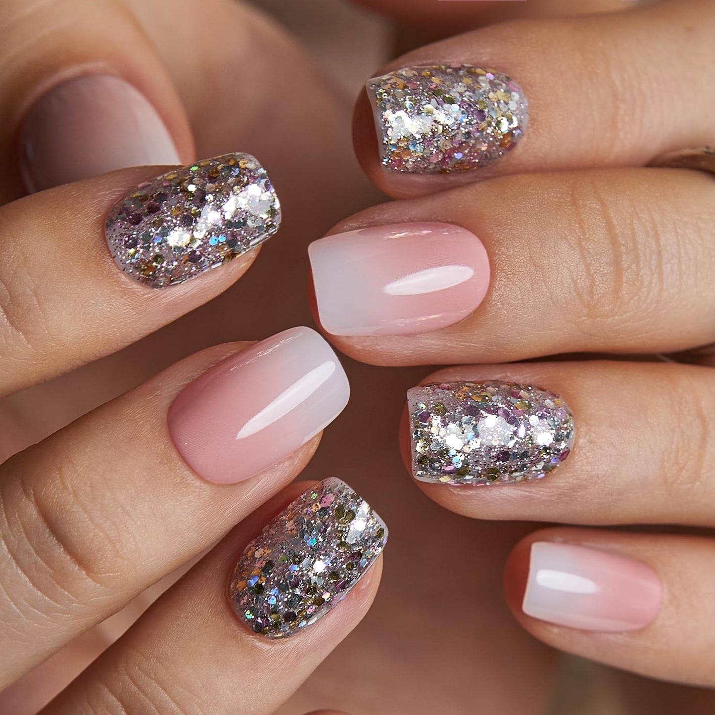 CurvLife Press On Nails Short Square Pink Ombre Silver Glitter, Glossy Soft Gel Fake Nails, Reusable Salon Look Manicure for Women Teens Beginners, 30pcs, Daily Wear Work Party