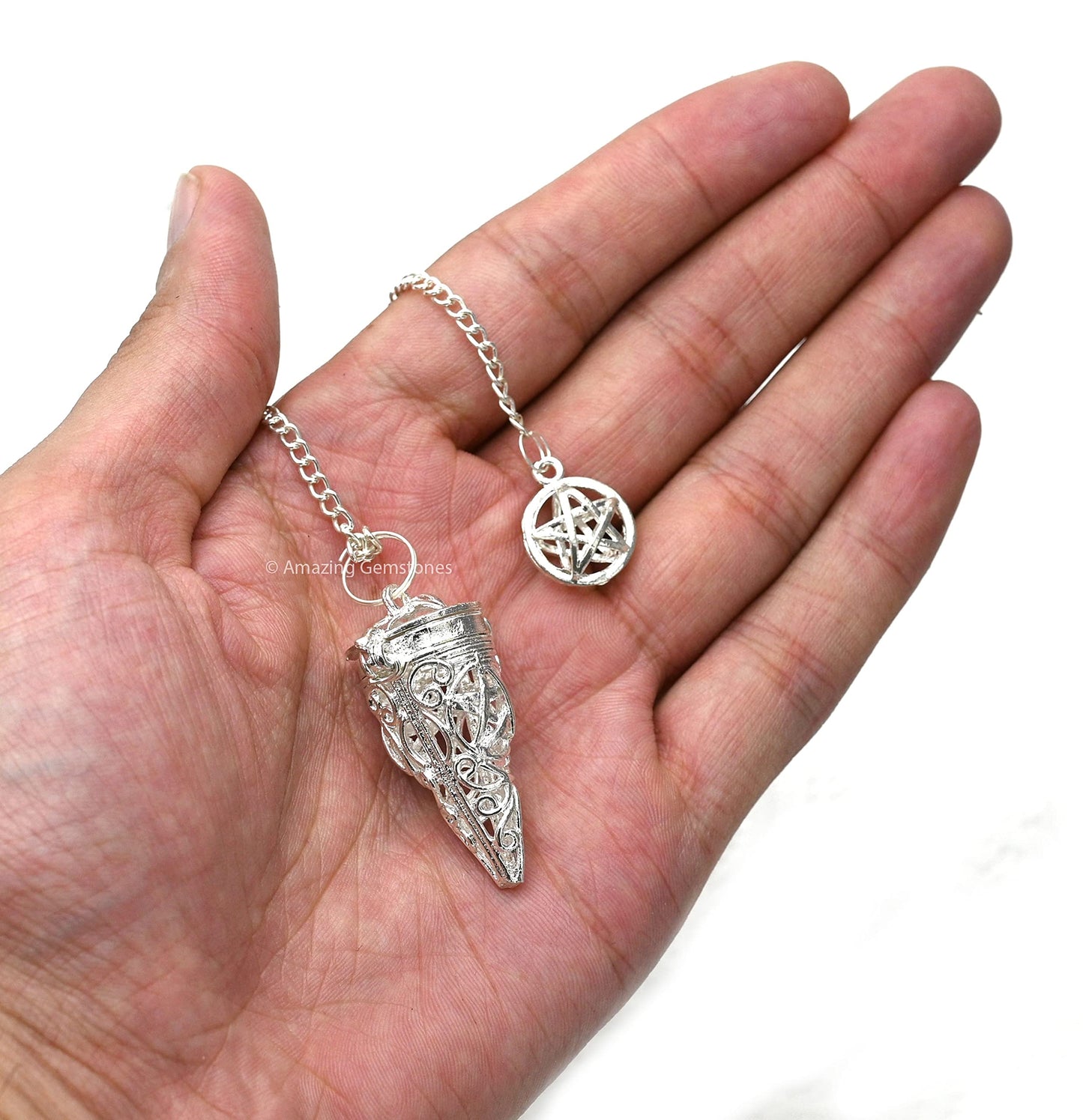 Amazing Gemstone Healing Metal Pendulums for Divination, Silver Chamber Cone Steel Copper Pendulum High Energy Pendulo de Bronce Pendulos de Mesa MP46