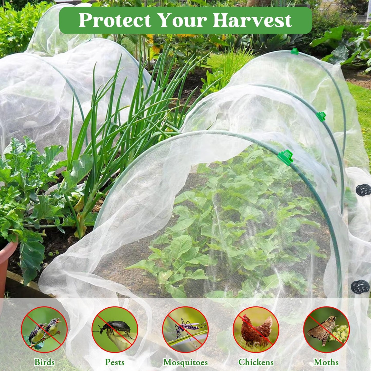 Unves 67 Pcs Garden Netting Kit, 10x25 Ft Ultra Mosquito Bird Netting with 6 Hoops & 12 Clips, Fruit Tree Netting for Patio Raised Beds Vegetable Flowers Protection Barrier Plant Covers Net