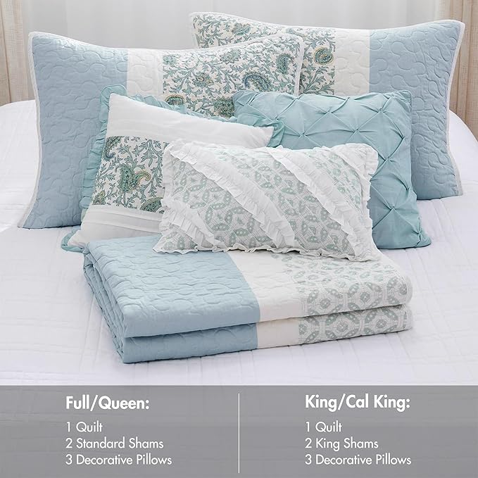 Madison Park 100% Cotton Quilt Set Floral Print, Double Sided Stitching, All Season, Lightweight Coverlet Shabby Chic Bedding Layer, Matching Shams, Full/Queen, Light Teal 6 Piece,Aqua