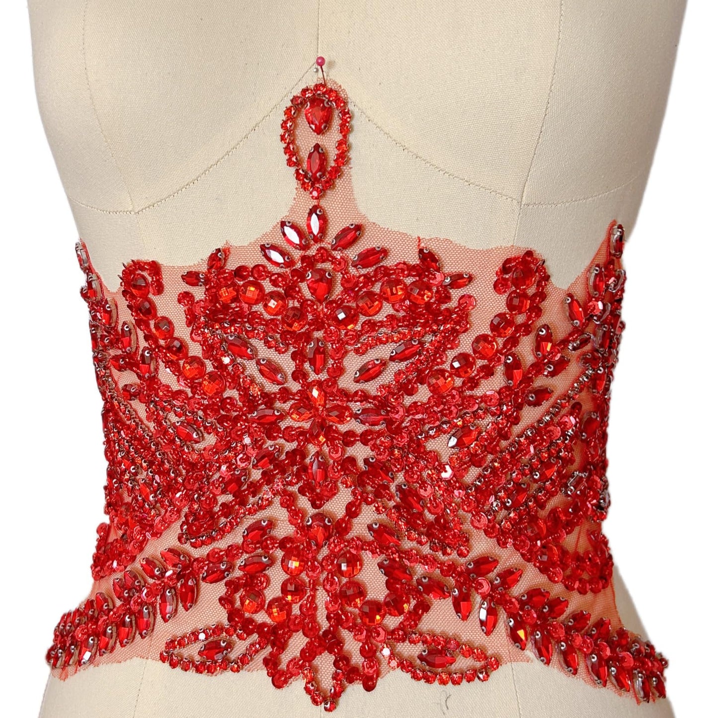 Handmade Beaded Waist Decoration Patches - Removable Rhinestone Appliques for Clothing, Belts, DIY Costume Accessories (Red)