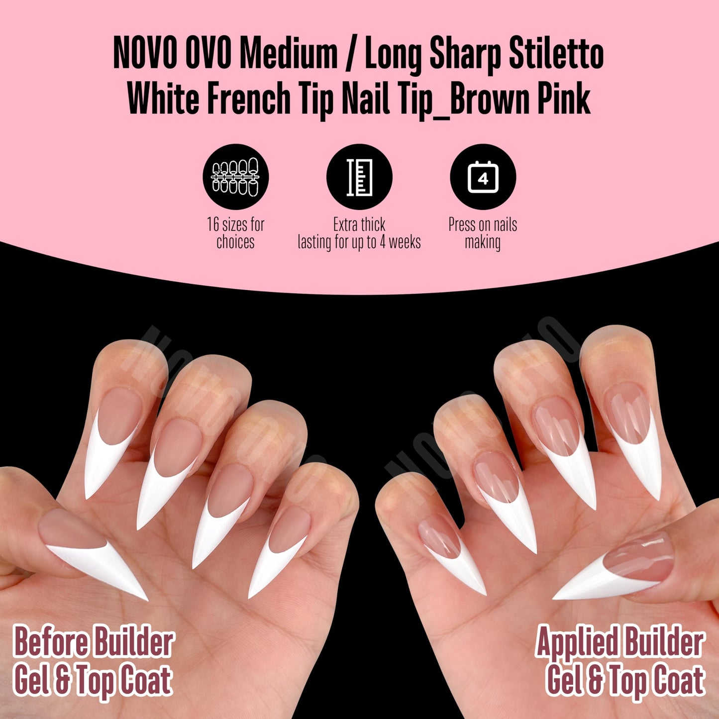 NOVO OVO Medium Long Sharp Stiletto Nail Tips (White French Tip) - Brown Pink Nude Soft Gel Press Ons, Pre-Designed Full Cover Fake Nails for Instant Salon Manicure, 16 Sizes (160 Pcs)