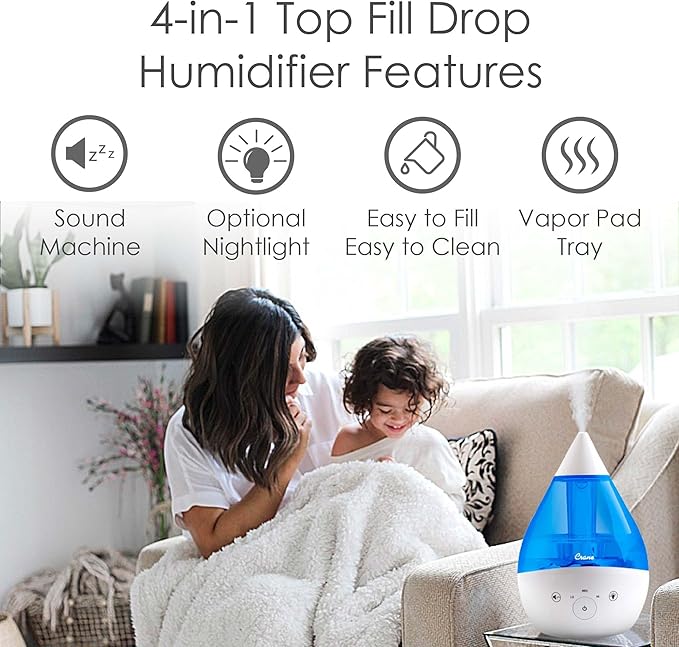 Crane 4-in-1 Drop 2.0 Ultrasonic Cool Mist Humidifier with Sound Machine, Night Light, Aroma Tray, 1 Gallon Top Fill, Blue & White