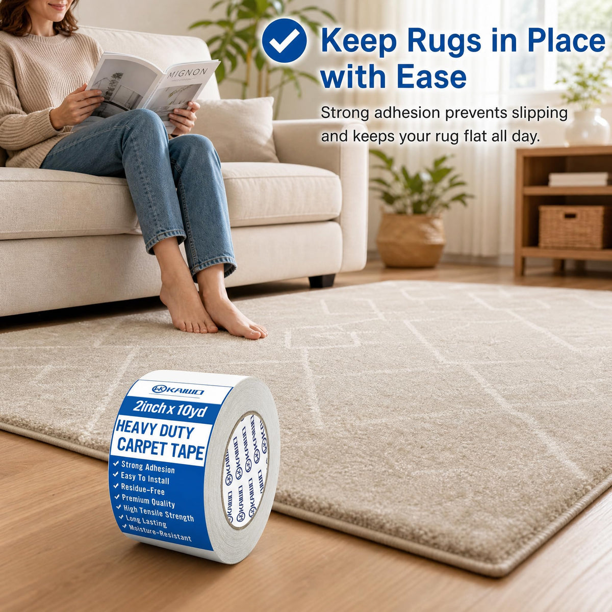 Heavy Duty Carpet Tape Double Sided 2 INx10YD Rug Tape for Area Rugs on Carpet (30 Foot)