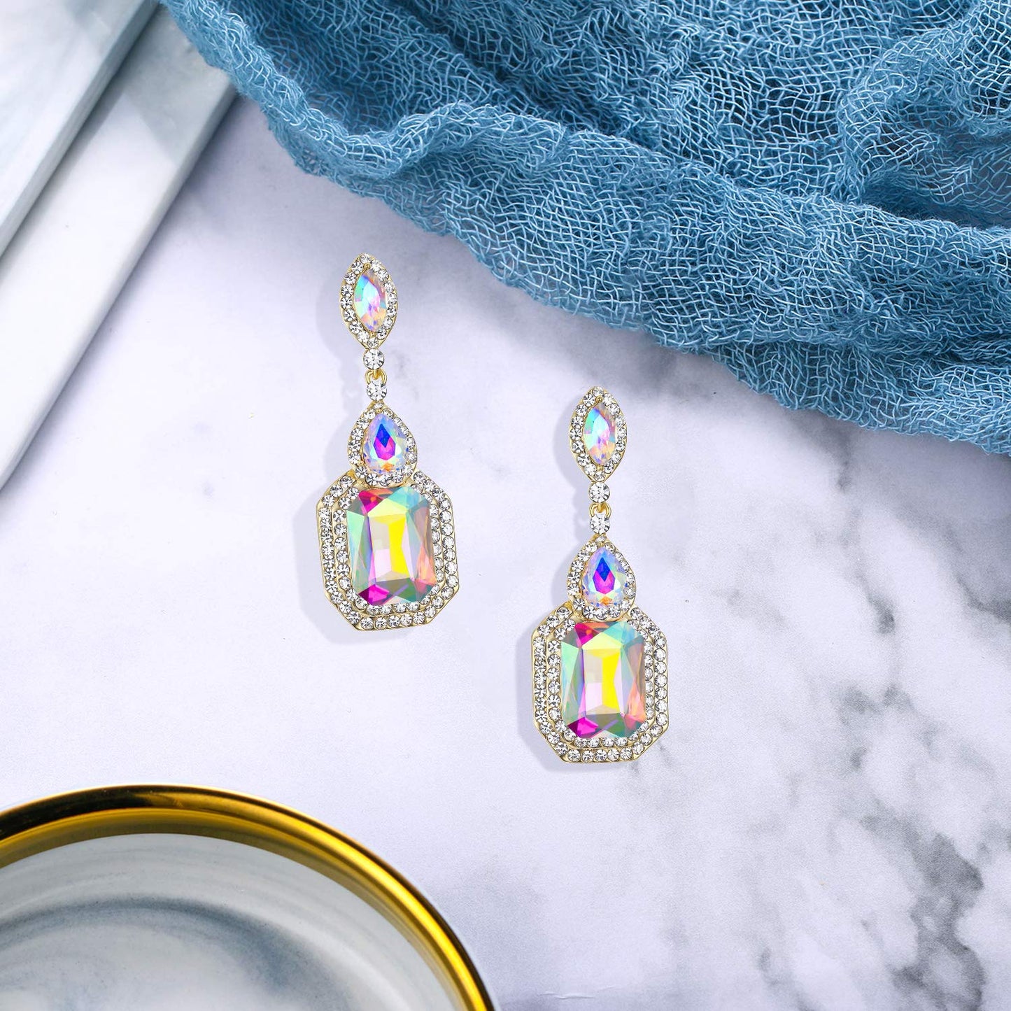 BriLove Women's Wedding Bridal Dangle Earrings Emerald Cut Crystal Infinity Figure 8 Chandelier Jewelry Iridescent AB w/Clear Gold-Toned