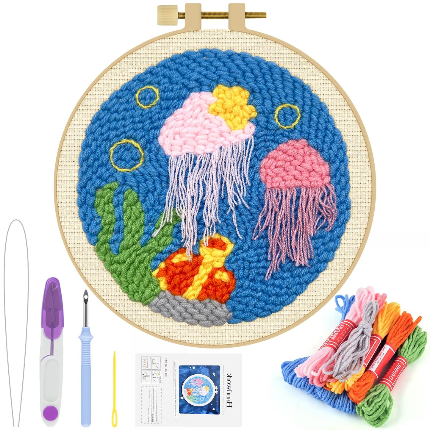 ERKOON Punch Needle Kit Adults Beginners, DIY Easy Ocean Embroidery Set for Starter Art Craft, Needling Punch Project with Patterns, Tools, Yarns, Hoop, Instruction (Jellyfish)