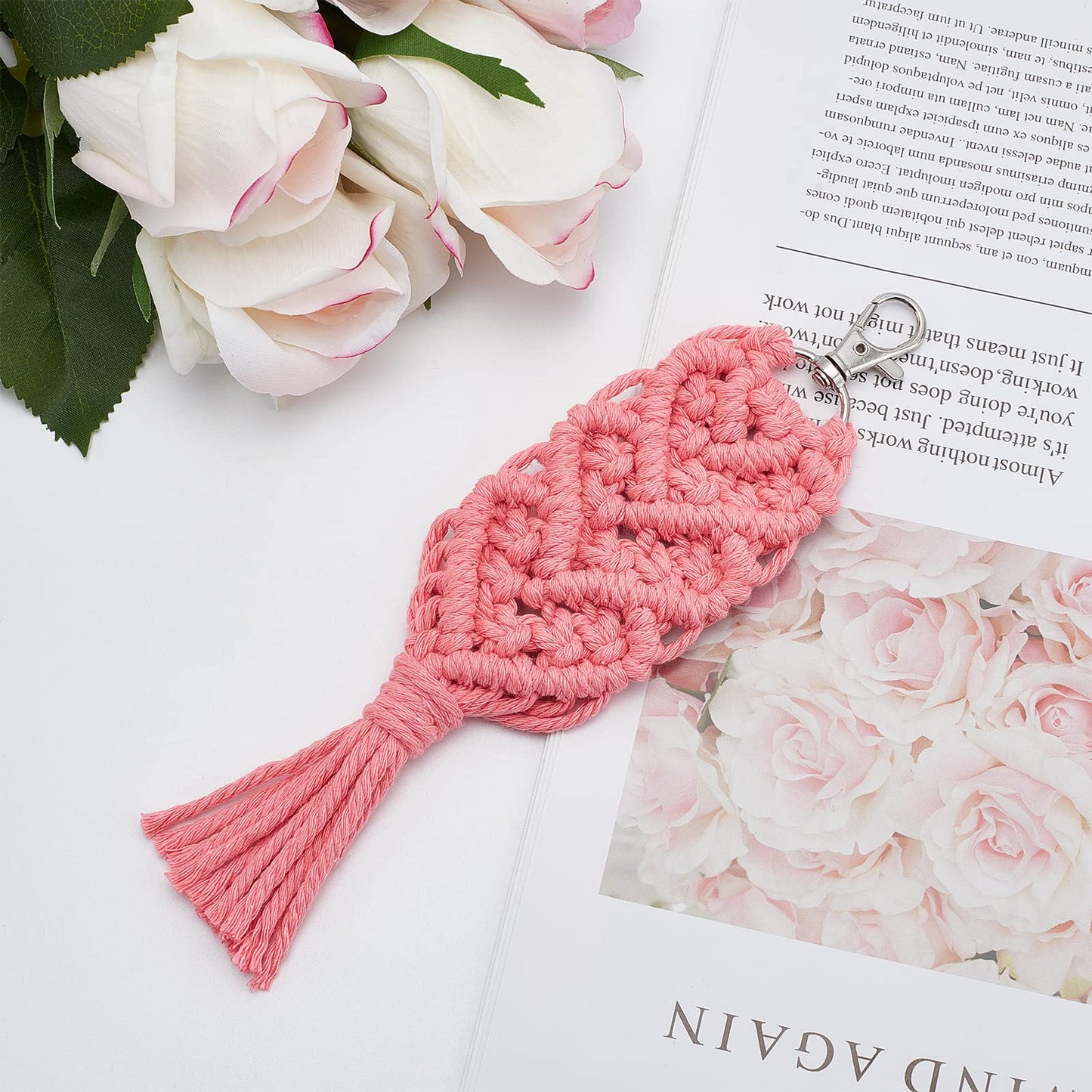INFUNLY 4 Set Heart Macrame Keychain Kit DIY Kits Mini Boho Keychains Bag Charms Macrame Keychain Bracelet with Tassels for Car Key Purse Phone Instruction Included