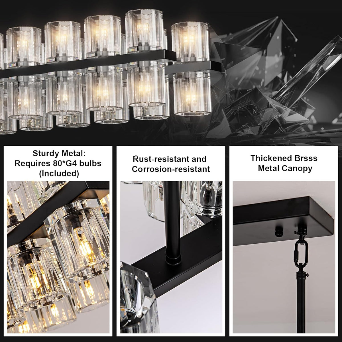 Crystal Black Rectangular Chandelier Light Fixture,72 in Large Dining Room Chandelier Over Table,Modern Chandeliers for Living Room,Arcachon Chandeliers,Kitchen Island,Includes 80xG4 Bulbs