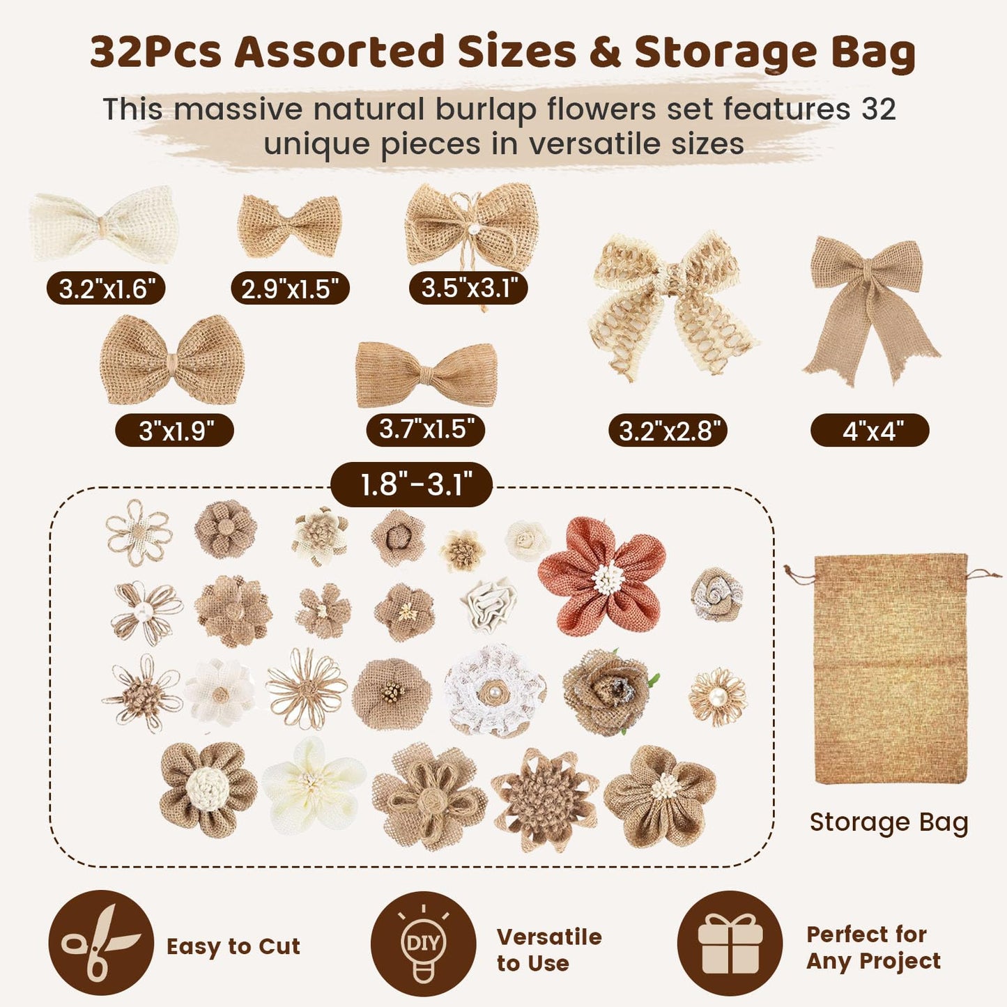 VGOODALL 32 PCS Natural Burlap Flowers Set, Burlap Bows and Scrapbook Embellishments for Wedding Party Decor Home, Embellishments for Crafts