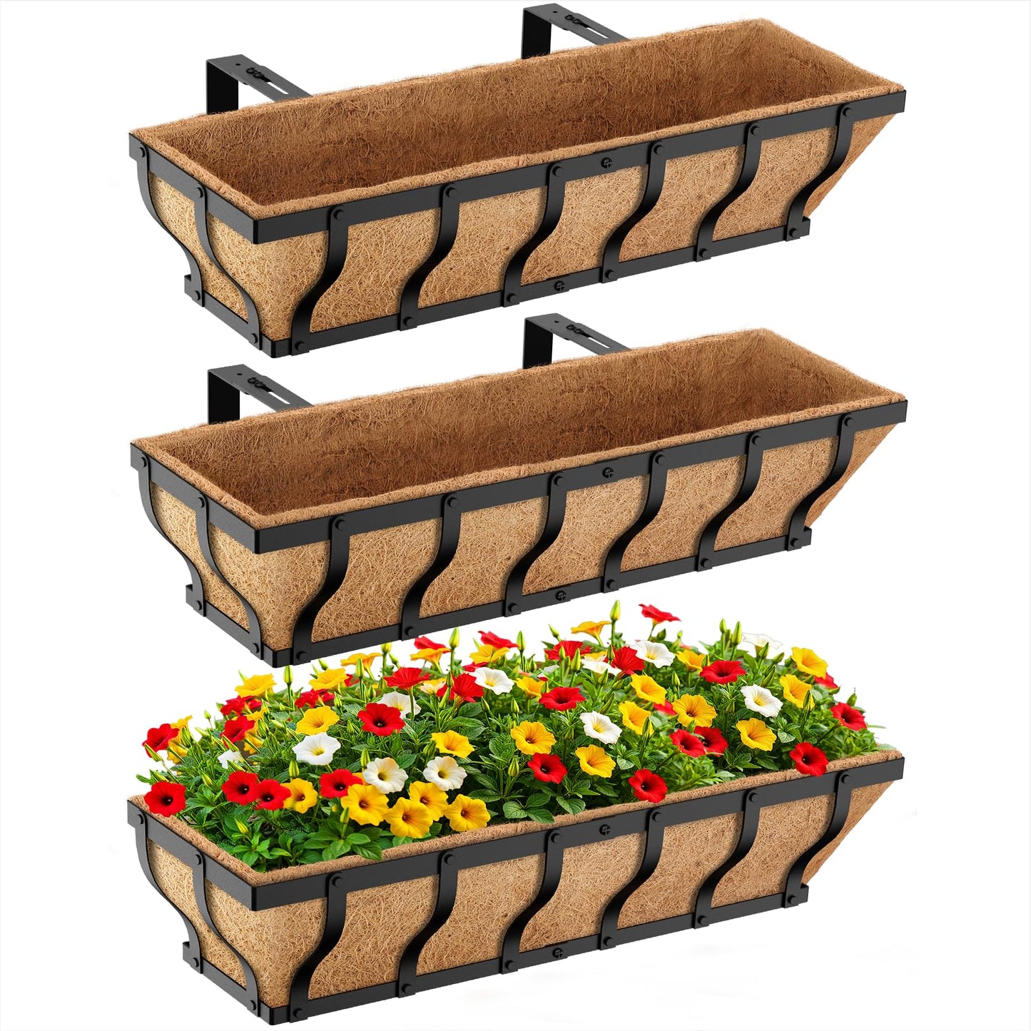 VOXOR Railing Planter Boxes, Heavy Duty Window Box Planters, Adjustable Balcony Planters for Railing Hanging, with Coco Liner & Support Rod for Deck, Porch, and Patio Gardening (3 Pack, 24 Inch)