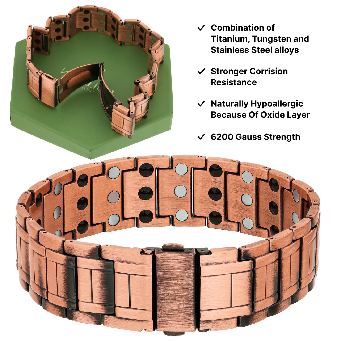 POLLDAN Copper Bracelet For Men | 6200 Gauss Power | Adjustable Magnetic Bracelet | Gift Box and Sizing Tool (3X Power)