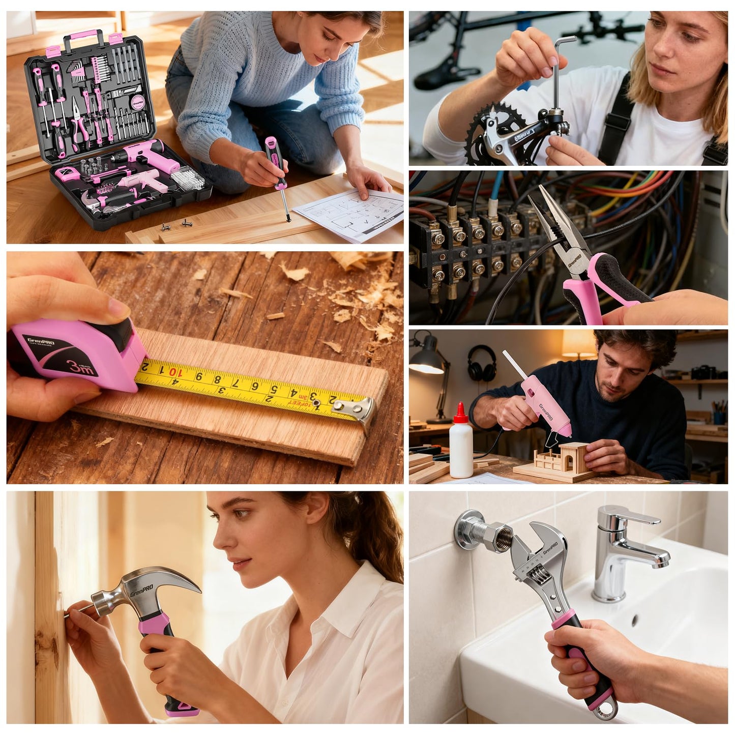GRENPRO Pink Tool Set Drill Set, 188PCS Tool Kit For Home with Pink Cordless Drill Power, Hand Tool Kit for Women, Basic Household Auto Car Repair Tool Box for Men, Portable Storage Box Tools Sets