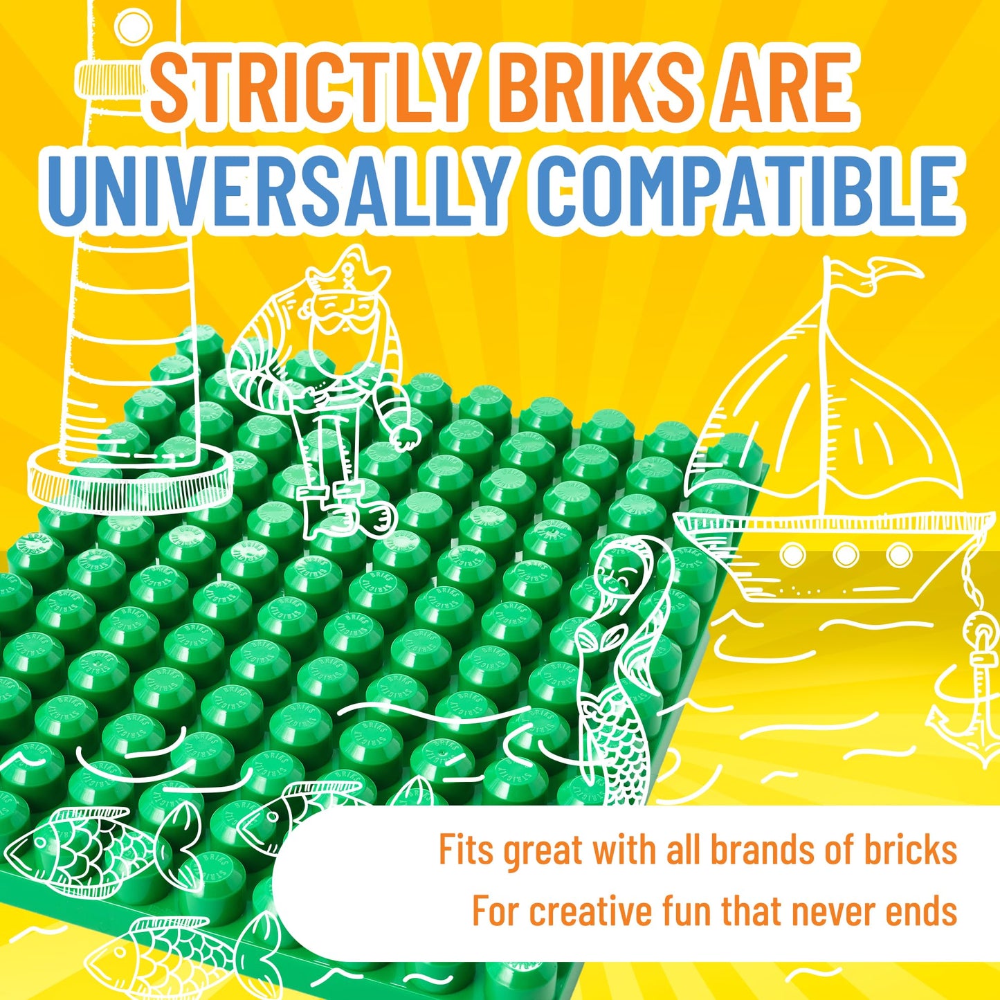 Strictly Briks Mega Toy Building Block Baseplate, Beginner Bricks Stackable Plate, Large Pegs for Toddlers, Compatible with All Major Brands, Kids Gift, Green, 12.5 x 15 inches