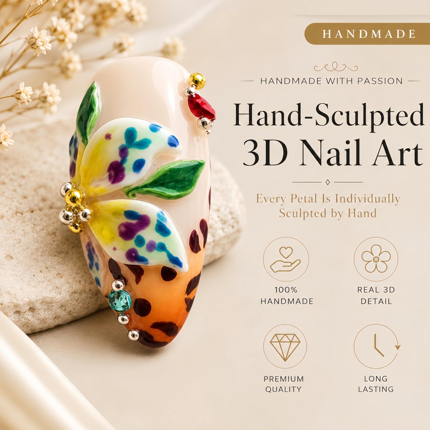 Handcrafted Press On Nails Italian Vacation Style Buttfly & Bugs 100% Handmade Realistic Artistic Fake Nails With Adhesive Glue Tabs And Tool Gifts For Women (Hand-Painted Butterfly,Medium M)