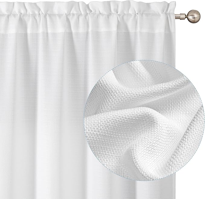 Chyhomenyc White Curtains 63 Inch Length 2 Panels, Faux Linen Textured Semi Light Filtering Soft Airy Rod Pocket Window Treatment Drapes for Living Room Bedroom, 40Wx63L Inch, Set of 2