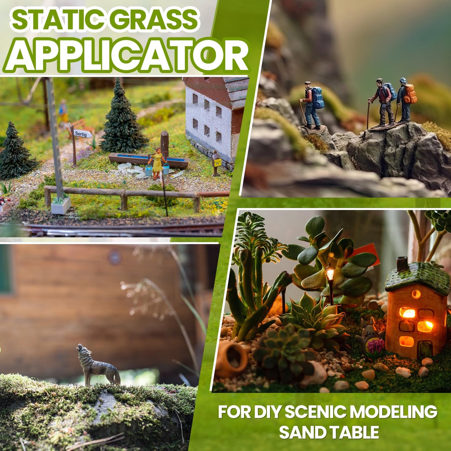 Tioncy Mini Static Grass Applicator Flocking Kit with Anti Slip Handle and 4 x 60g Colors Grass, Diorama Making Supplies, DIY Model Train Accessories Miniatures Landscape Craft(Curved Head)