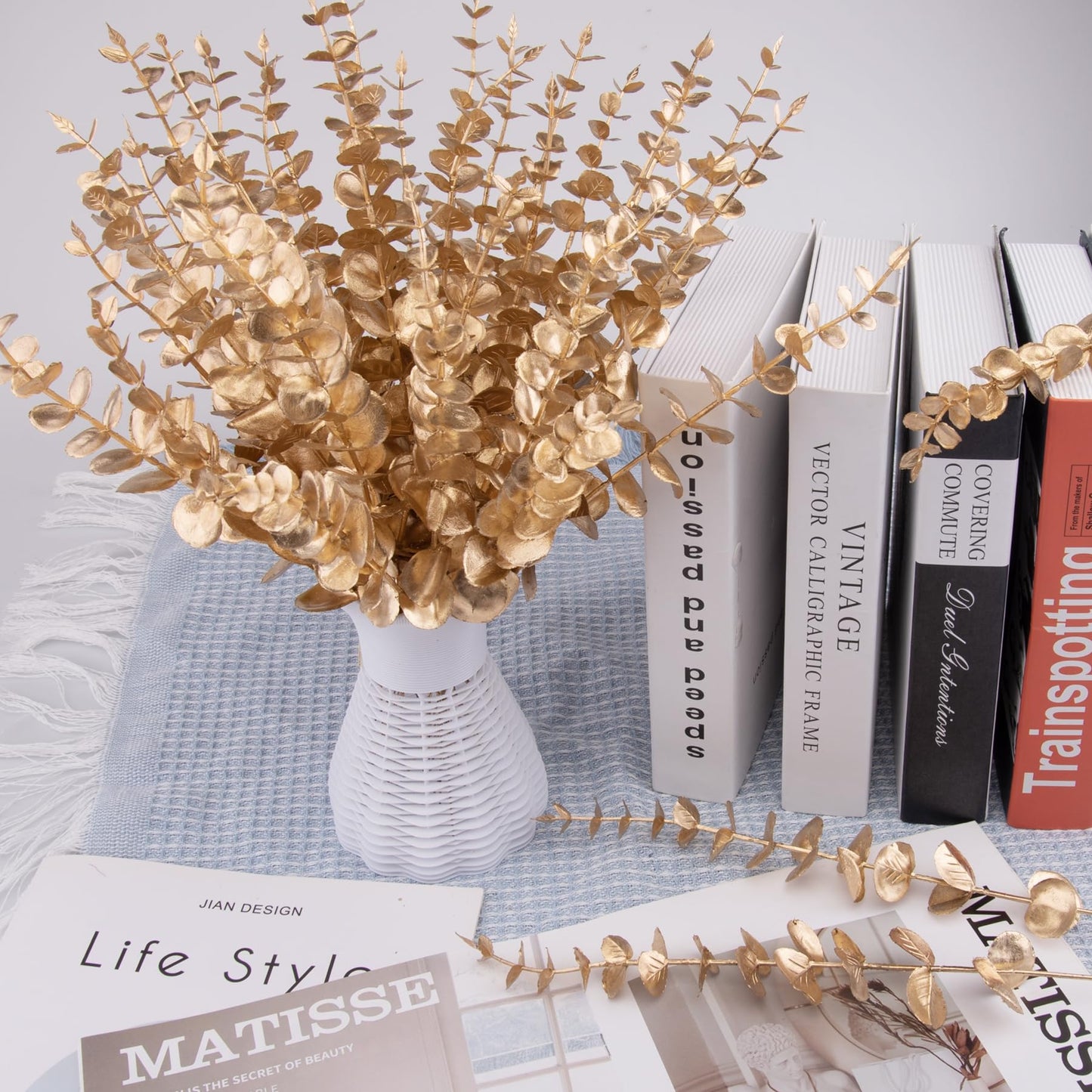 FEQO 36 Pcs Gold Eucalyptus Stems Artificial Leaves Faux Eucalyptus Stems Branches 15 inch for Wedding Bouquet Home Decor