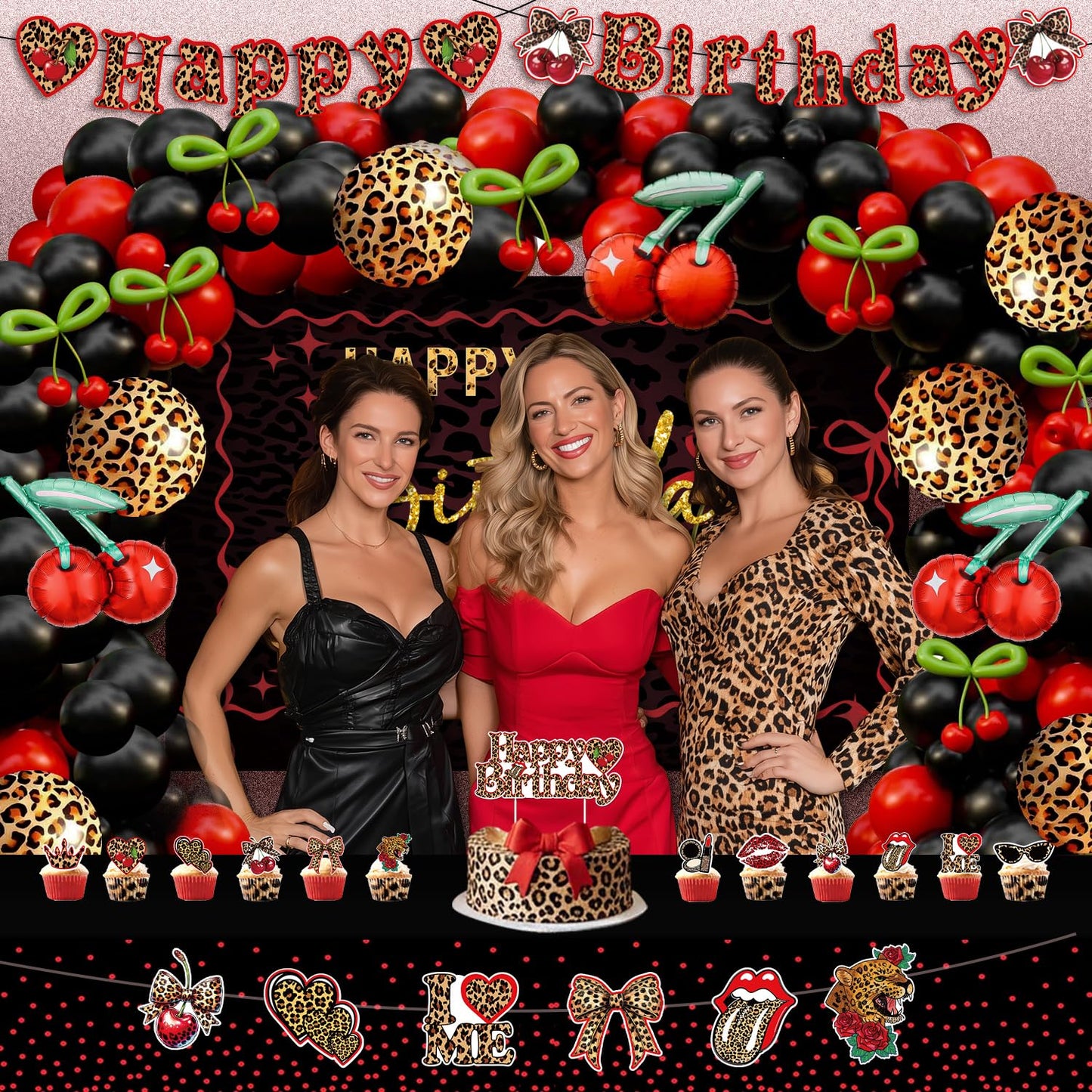 Cheetah and Cherry Birthday Decorations for Women Girls - Red and Black Balloon Arch Kit, Cherry and Cheetah Print Balloons, Tablecloth, Banners, Cake Toppers, Girls Night, Bachelorette Party Decor