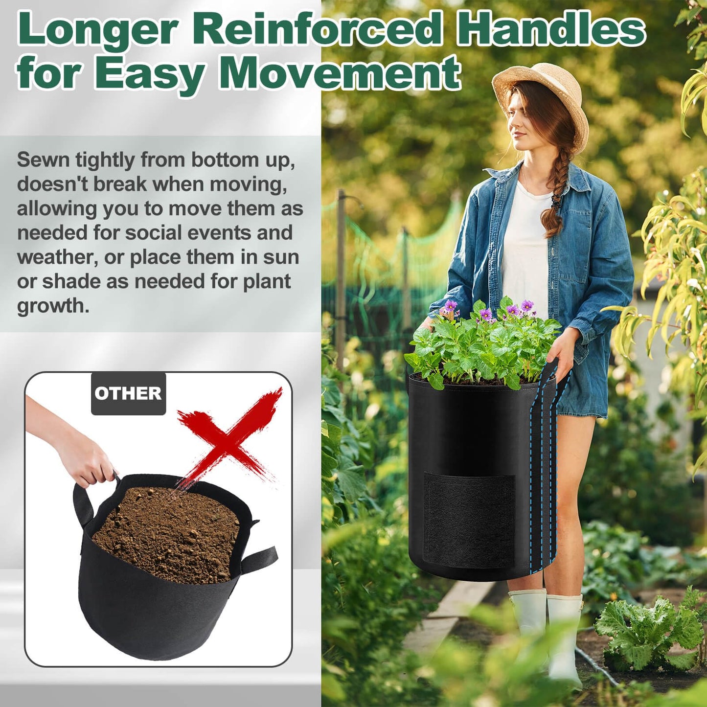 Lezmarket 5 Pack 10 Gallon Potato Grow Bags, Nonwoven Fabric Garden Planters with Reinforced Handle, Large Pots for Potato, Vegetable and Outdoor Plants