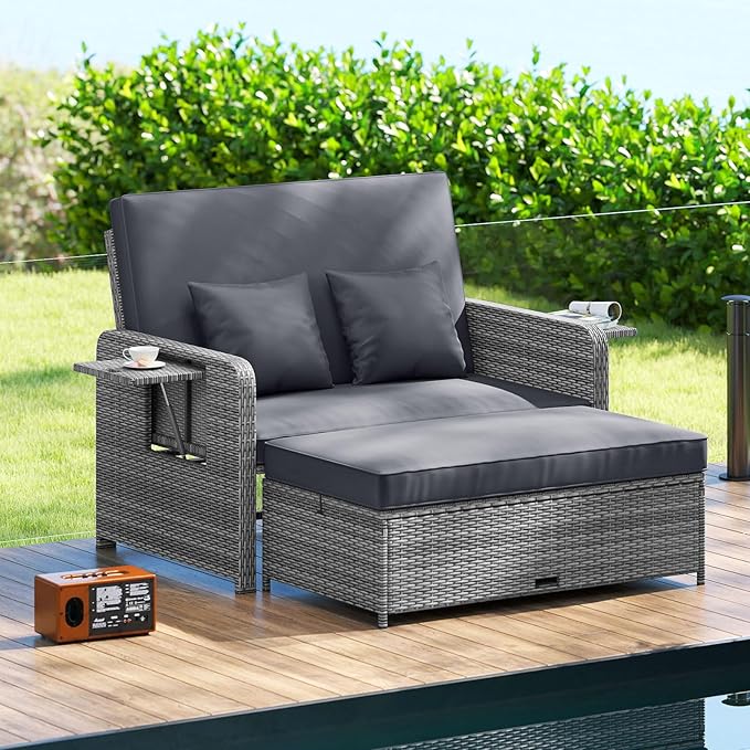 HAPPYGRILL Patio Rattan Wicker Daybed with Loveseat & Storage Ottoman, Outdoor Lounge Sofa Furniture Set with Adjustable Backrest & Side Trays, for Poolside Deck Porch Lawn (Mix Grey & Grey)