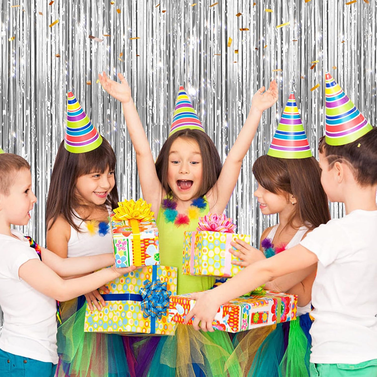 2 Pack Silver Metallic Tinsel Foil Fringe Curtains, Door Streamers Photo Booth Backdrop for Birthday Party, Tinsel Curtain Backdrop for Baby Shower Bachelorette Christmas Party Decorations