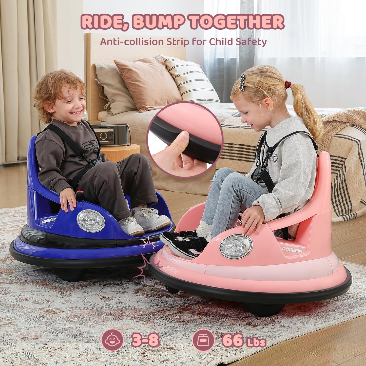 ELEMARA Bumper Car for Kids,1.9mph Max,12V Toddler Ride on Toys with Remote Control,2-Speed,2 Playing Modes,360 Degree Spin,Bumping Toy Gifts W/Bluetooth,5 LED Lights Modes,DIY Stickers,Pink