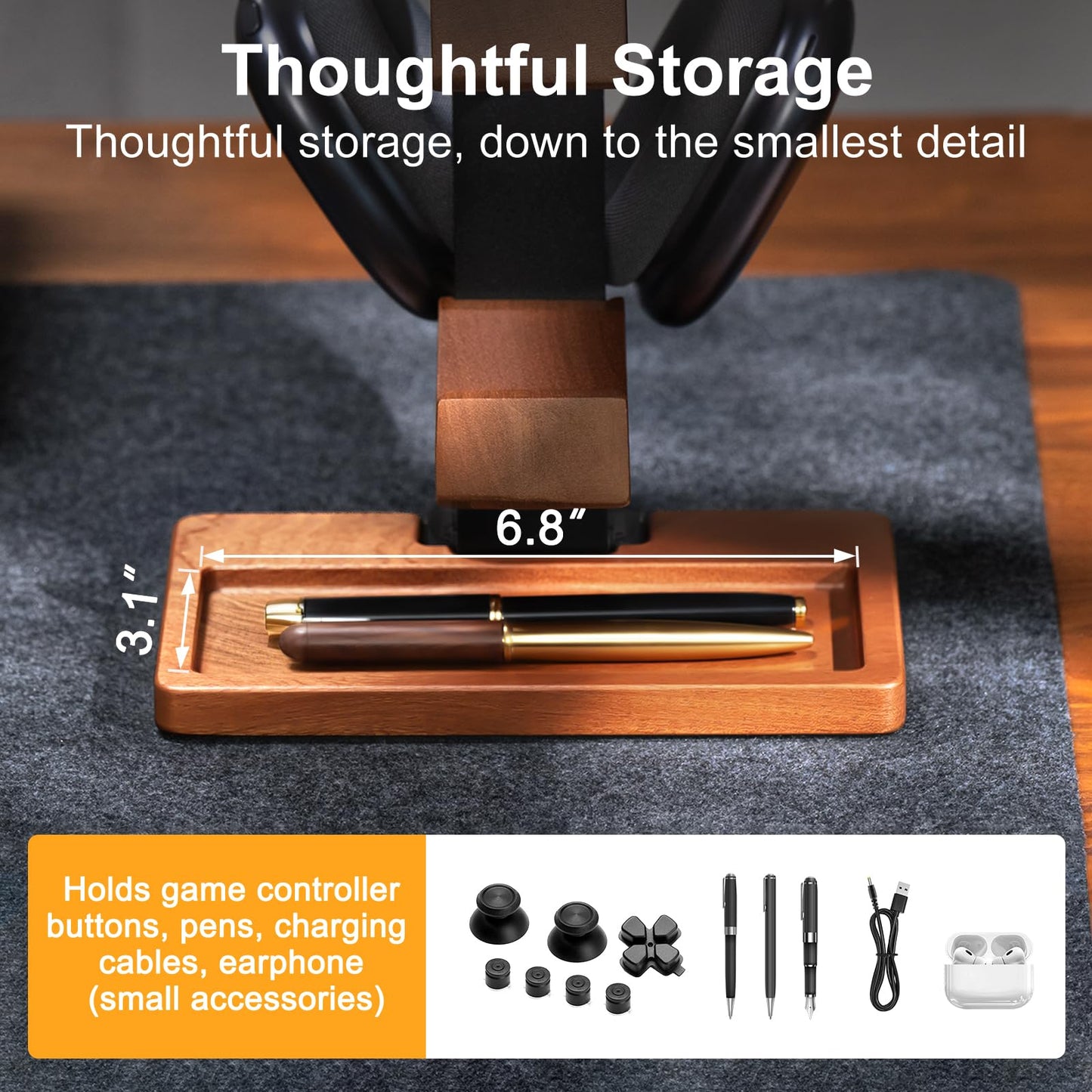 HUMANCOZY Solid Wood Controller Holder and Headphone Stand, Gaming Controller Stand for Desk, Dual Controller Organizer Rack, Fits Xbox, PS4, PS5, Gamepad, Headset Holder for Son, Husband, Boyfriend