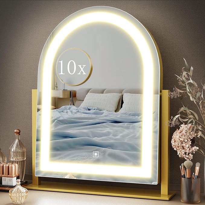 Lighted Makeup Mirror, Hollywood Vanity Mirror with Lights, Three Color Lighting Modes, LED Mirror, Smart Touch Control, 360°Rotation (15.2in. Curved)