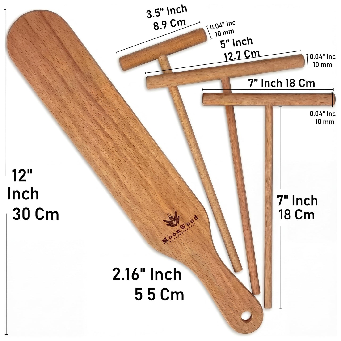 Crepe Spreader Set with Turner, 4-Piece Wooden Batter Tools (3.5, 5, 7, 12 Inch), T-Shaped Design for Pancakes and Griddle Cooking