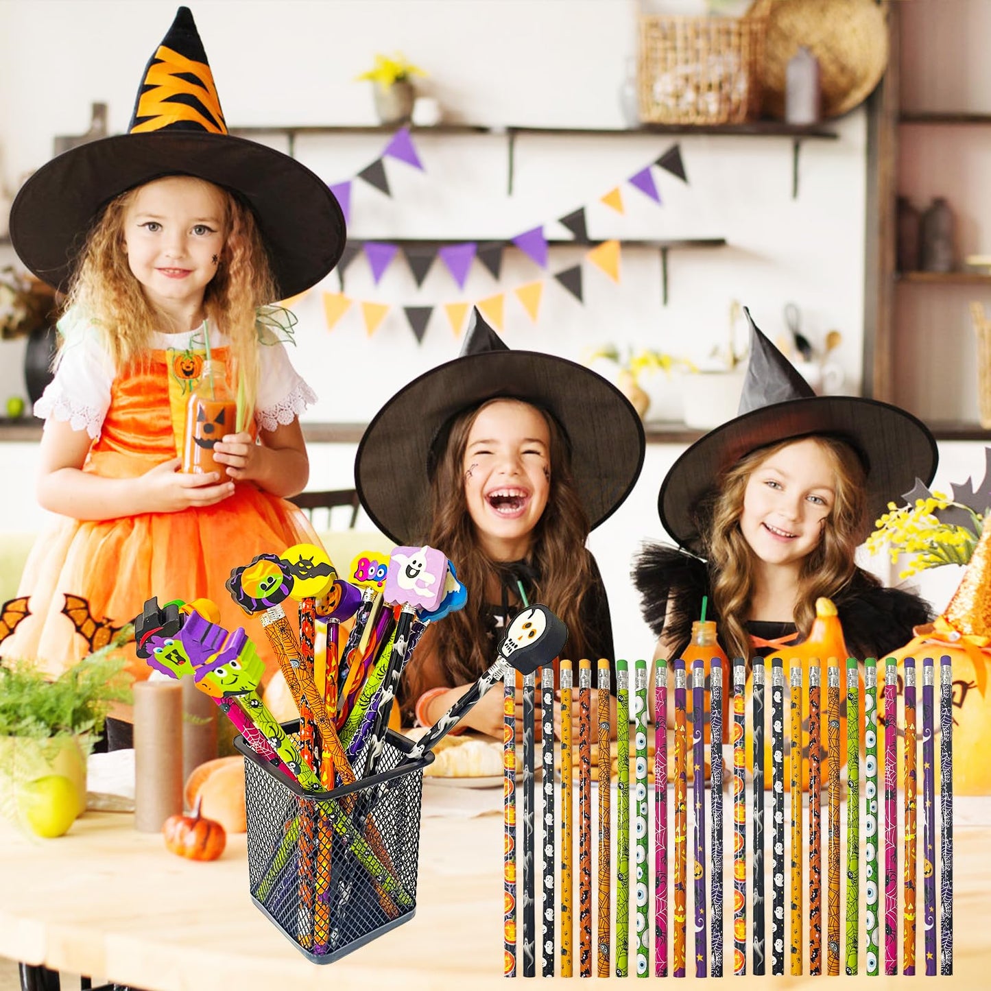 JXITON 24pcs Halloween Pencils with Eraser Toppers Ghost Pumpkin Wooden Pencils for Halloween Goodie Bag Fillers Supply