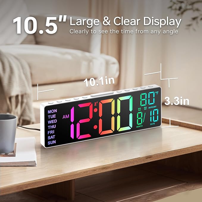 JALL 10.5'' Large Digital Alarm Clock with Big LED Number, Remote Control, RGB Colors,Timer, Dual Alarm, Temperature for Back to School Classroom, Bedroom, Living Room, Gift for Senior Student Teacher