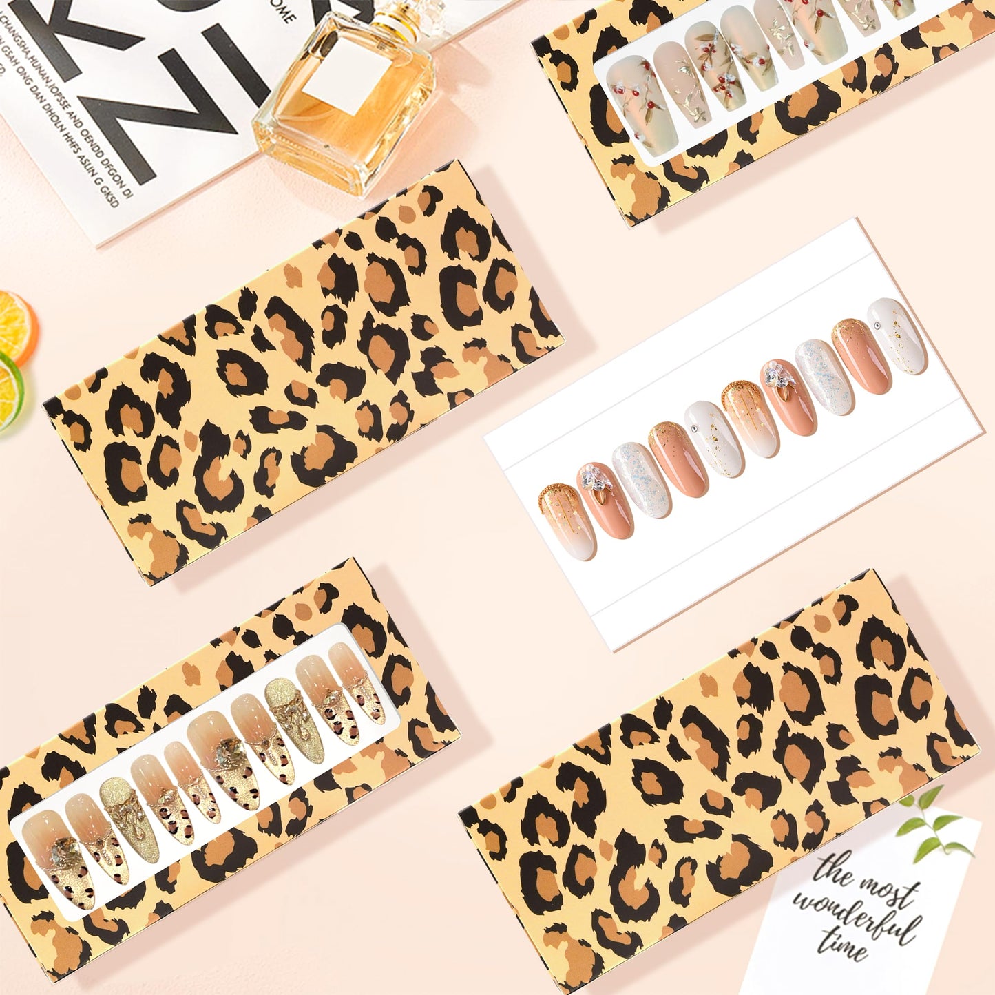 HLQHXWHZT 71 Pcs Include 35Pcs Empty Press on Nails Packaging Box 35 Pcs White Background Papers and 1 Double Sided Tape, Empty Nail Package Box Set for Press on Nail Business(Brown Leopard)