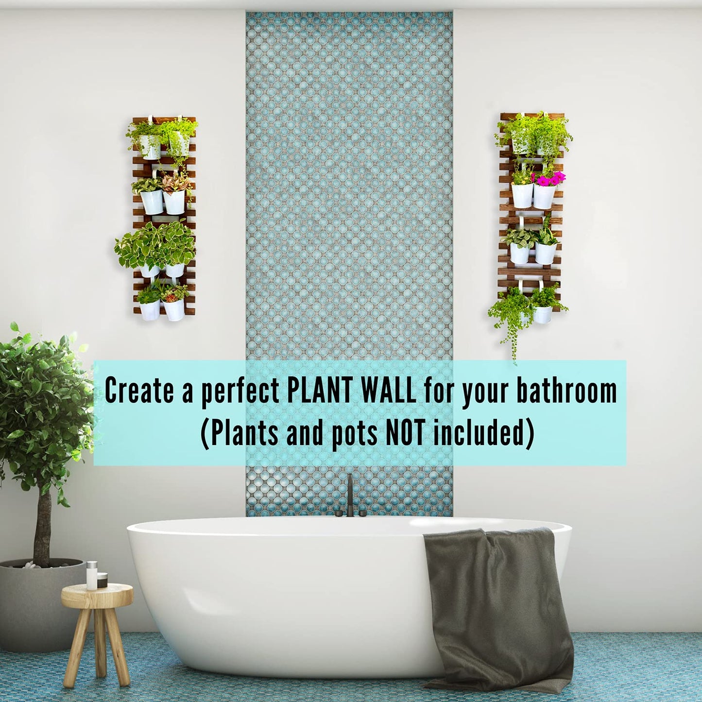 ShopLaLa Bundle- 2 Pack, 35.4 Wooden Plant Holder + 10 Pack, 4 Inch White Self Watering Plastic Pots Large Unique Modern Vertical Wall Mount Hydroponic Garden System Outdoor Planter Dark Brown Decor