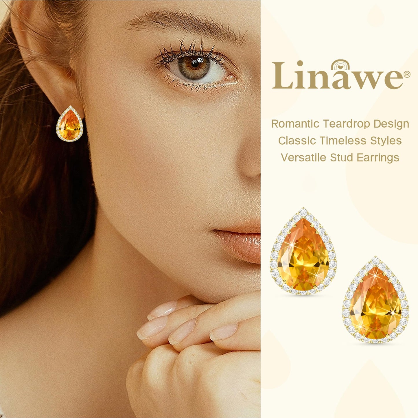 Linawe Yellow Citrine Stud Earrings, Gold Hypoallergenic Statement Imitation Diamond Wedding Earrings Studs, Orange Cubic Zirconia Teardrop Rhinestone Crystal Piercing Earrings Set