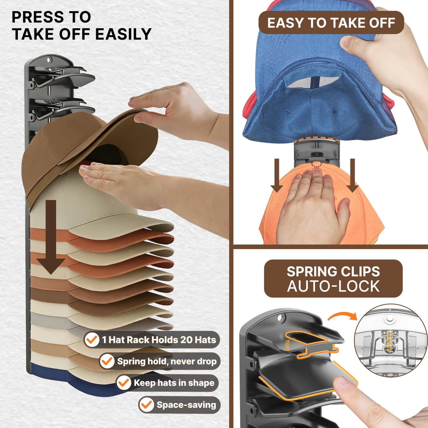 BRUBEQO Spring Clip Hat Organizer Hold Storage 40 Caps for Baseball Caps（2-Pack） Wall Mount Closet & Door Hat Rack Holder Hanging Closet Install with Strong Adhesive or Screws.