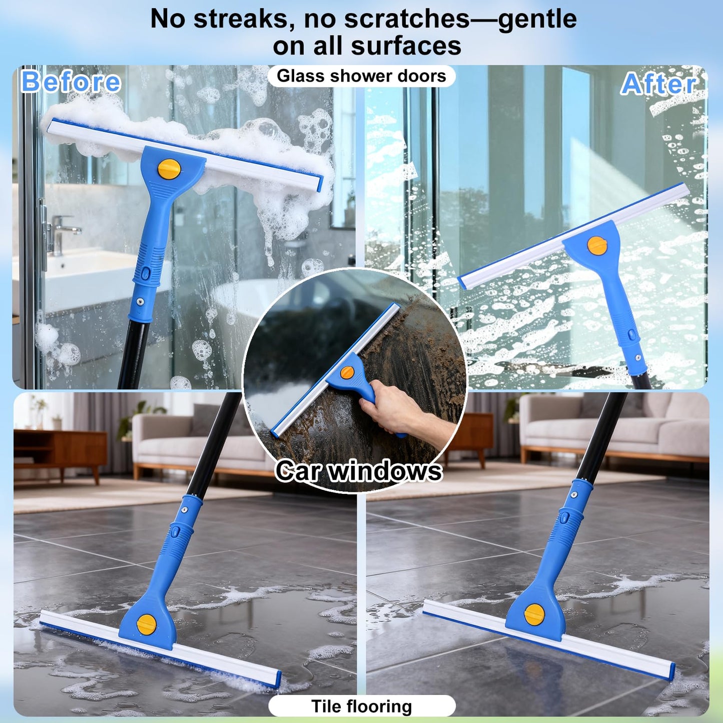 3-in-1 Professional Window Squeegee Kit with 2 Squeegee, 2 Microfiber Scrubber, 1 Razor Scraper, Thick Iron, 63.4" Window Squeegee with Extension Pole for Car, Glass, Mirror, Wall, Bathroom, Home, Van