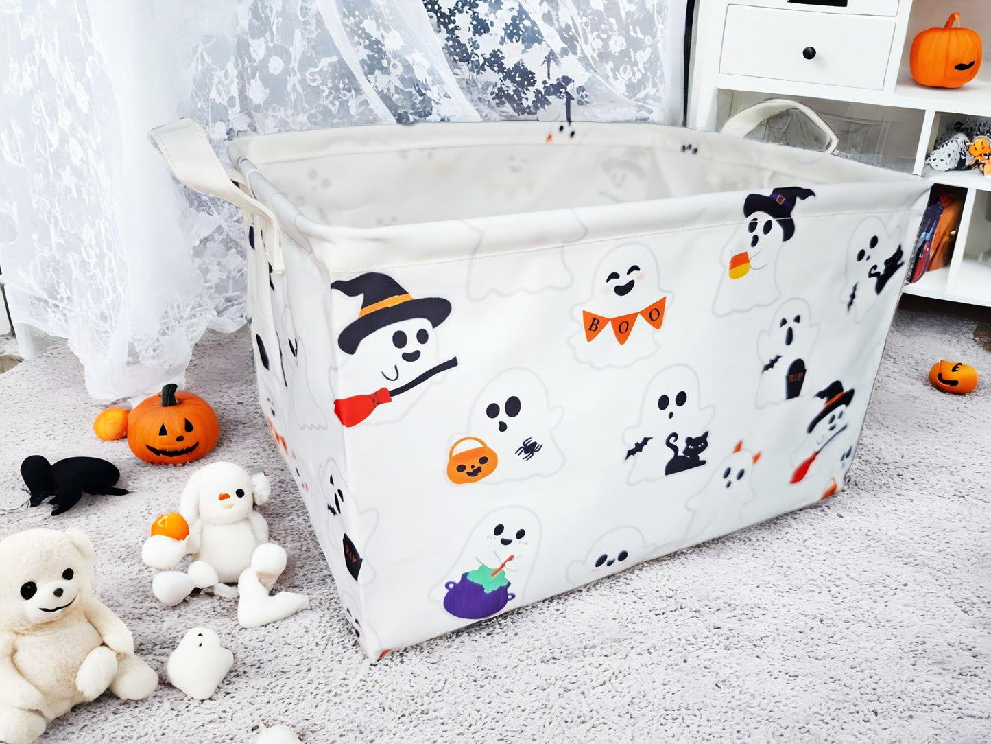 TUZIANAN Halloween Ghost Basket, Cute Boo Basket for Gifts Foldable Storage Bin with Handles for Home Closets Shelf Offices,Bedrooms,Dorm Toy Storage (Halloween ghost basket)