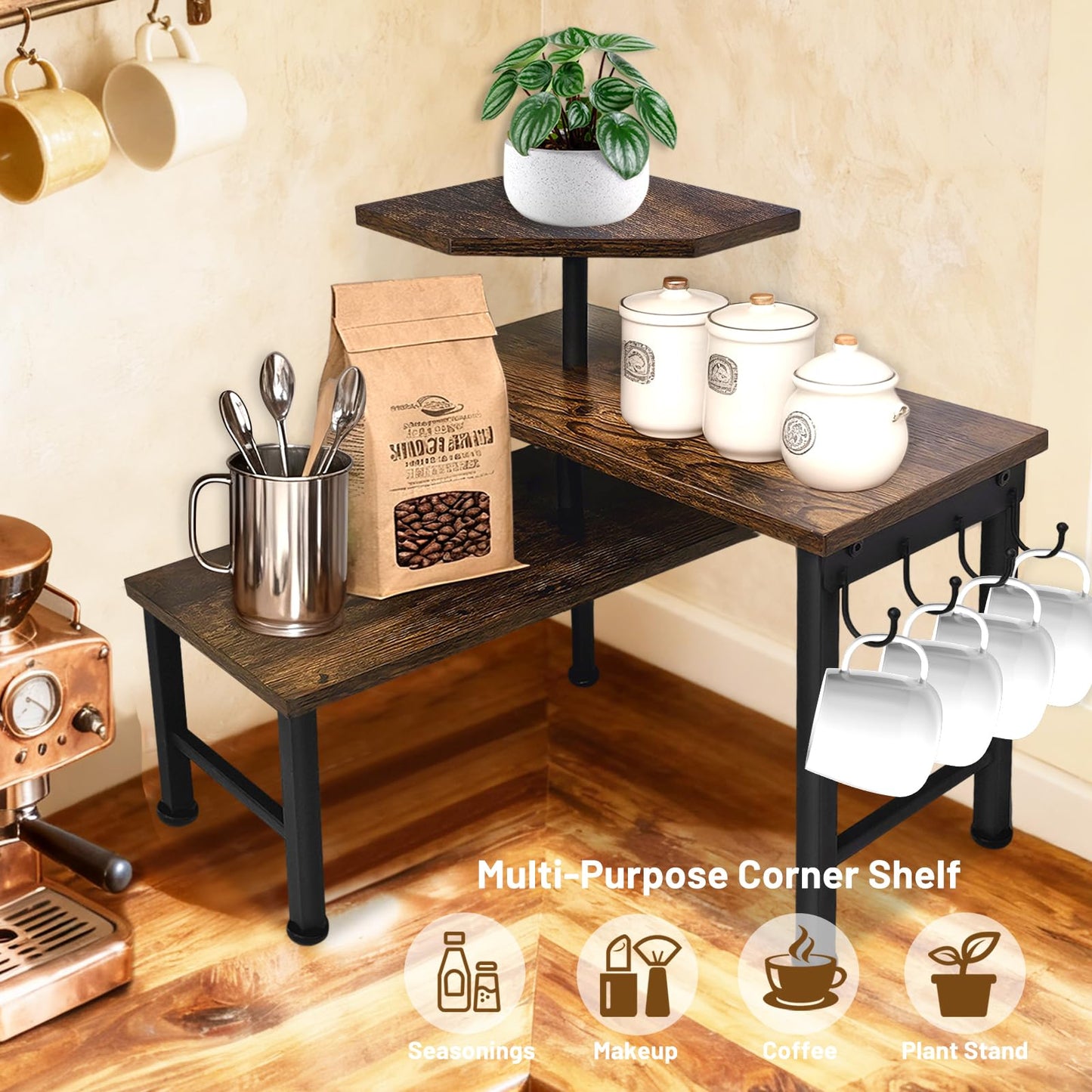 Uniqcovosa Kitchen Countertop Organizer, 3 Tier Moveable Corner Shelf Kitchen Shelf with Hook, Countertop Organizer for Bathroom, Spice Rack, Bookshelf, Coffee Area, Dresser Table (Brown)
