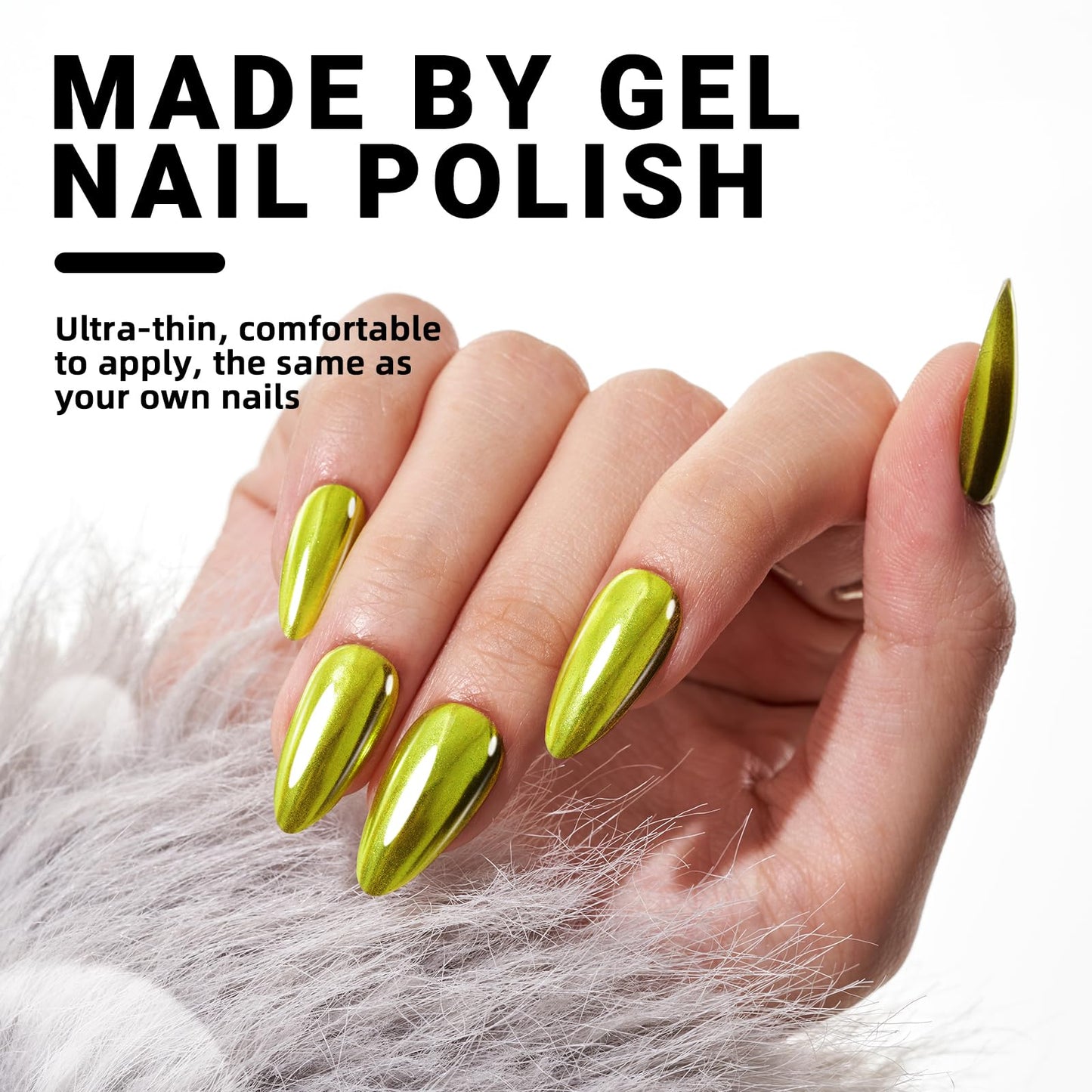 Press On Nails Medium Almond, Metal Mirror Green Handmade Jelly Gel False Nails Kit, Glossy Stick On Nails Tips, Glitter Glue On Nails, Reusable Artificial Nails with Design Manicure for Women Girls