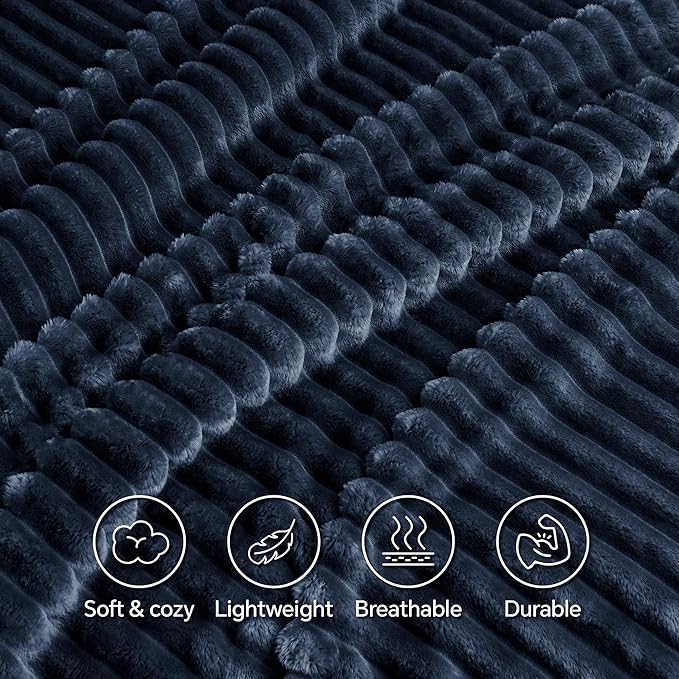 INFIIXSO Sherpa Fleece Queen Size Blanket - Super Soft & Warm Striped Fleece, Cozy Plush Fluffy Large Bed Blanket All Season Use (Navy Blue, 90x90 Inches)