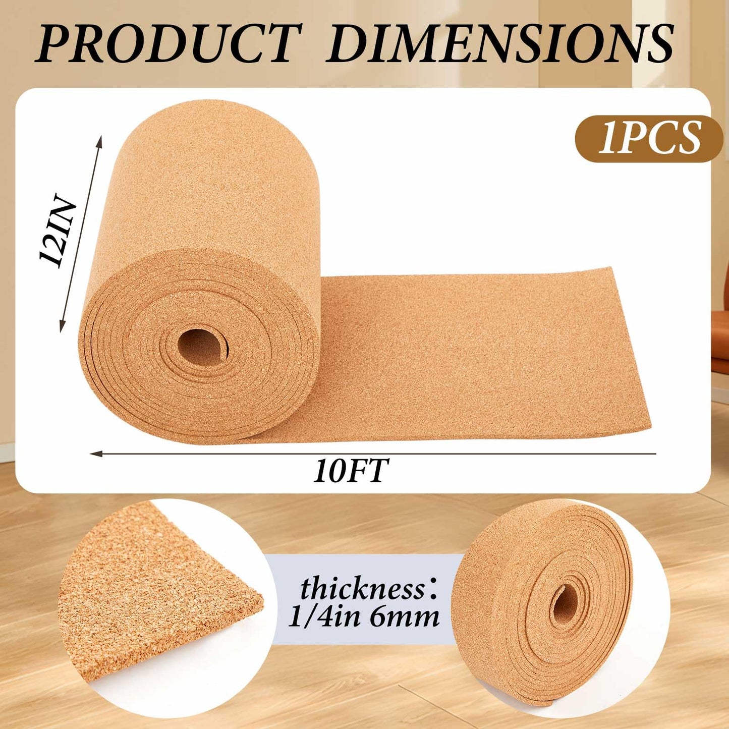 Pangda Multi-Purpose Cork Board Roll 12in x 10ft, 1/4" Thick Cork Roll for Bulletin Boards, Decorative Photo and Message Push Pin Displays Versatile for Home, School, and Office