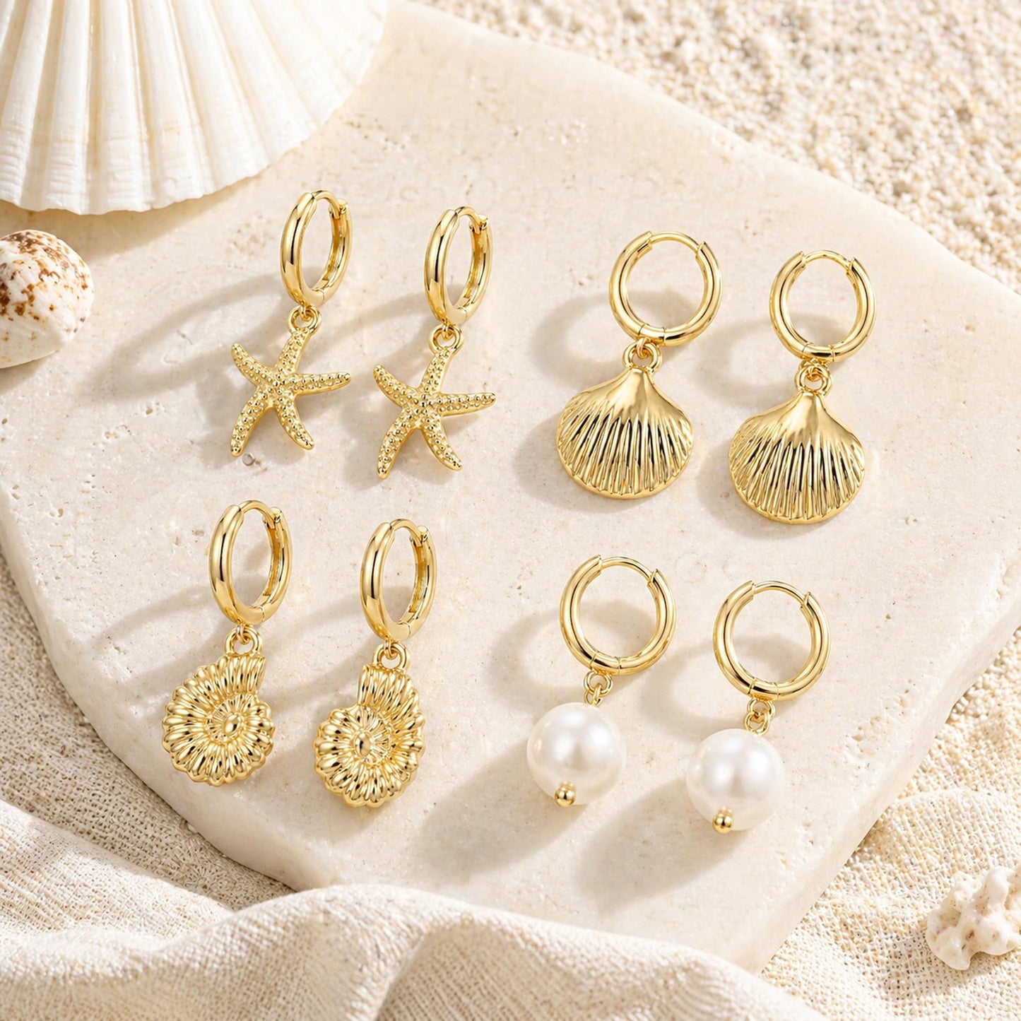 ZYIJUNY 4 Pairs Huggie Hoop Beachy Earrings Set for Women, 14K Gold Plated Ocean Elements Hoop Dangle Drop Earring - Shell/Starfish/Conch/Pearl Earrings- Minimalist Summer Beach Jewelry Gift