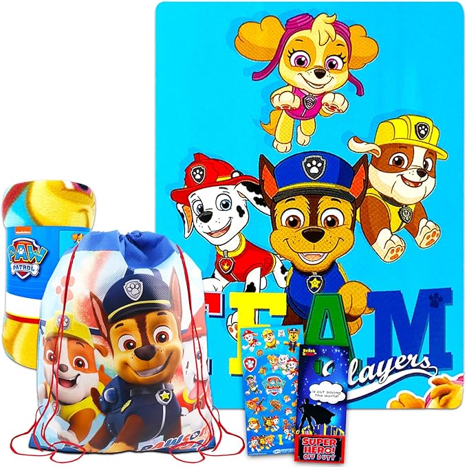 Nick Shop Paw Patrol Sleepover Set for Boys and Girls ~ 5 Pc Bundle with 45 x 60 Inch Fleece Blanket, Tote Bag, Stickers, More Bedroom Decor Kids, Toddlers, blankets