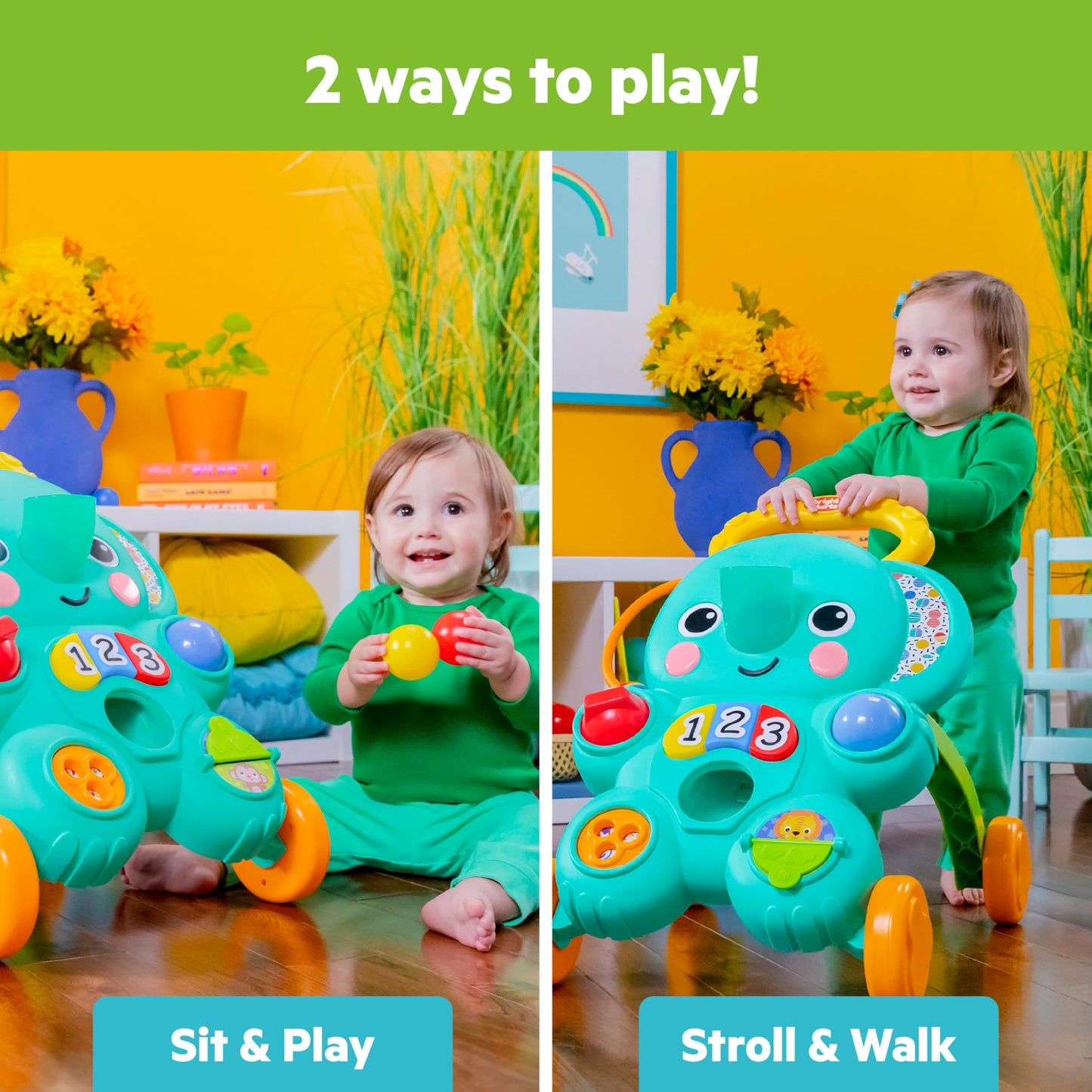 Bright Starts Stroll 'n Roll 2-in-1-Ball Push Walker – Includes 3 Toy Balls, Elephant with 70+ Songs & Sounds, 7 Activities - Ball Drop, Piano, Spinner, Flip Book & More