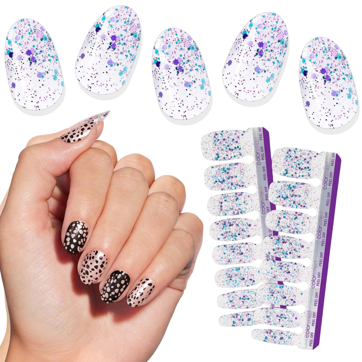 Color Street Curtain Call Nail Strips - Blue & Purple Glitter Dip on Clear Base -Wear Alone or Layer -Glitter Finish -16 Double-Ended Nail Polish Strips