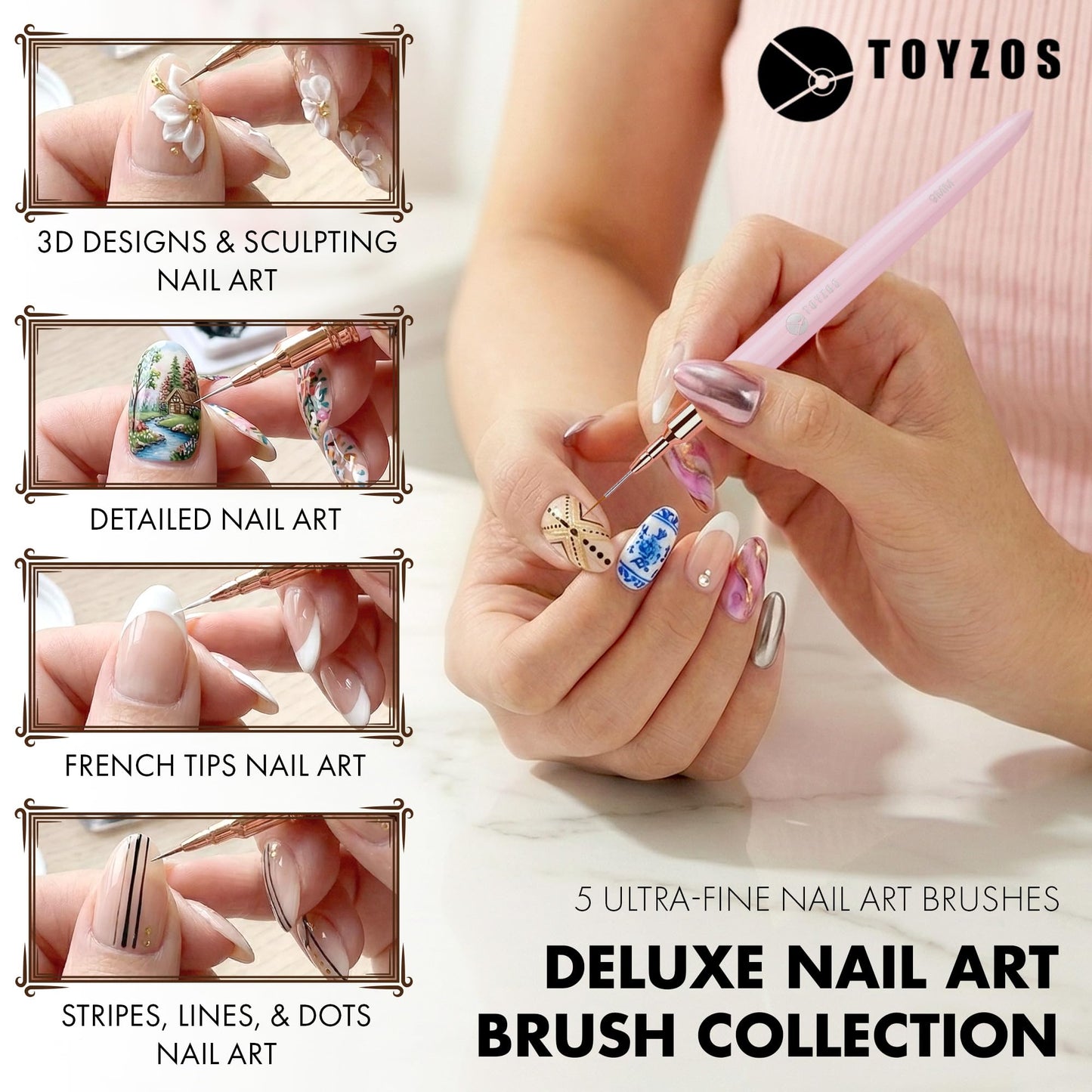 TOYZOS Thin Nail Art Brush Set - Professional Detailing Liner Brushes with Rose Gold Accents for Intricate Nail Art Designs, Pink Handles, Precision Tips & Long-Lasting Bristles (5 Different Sizes)