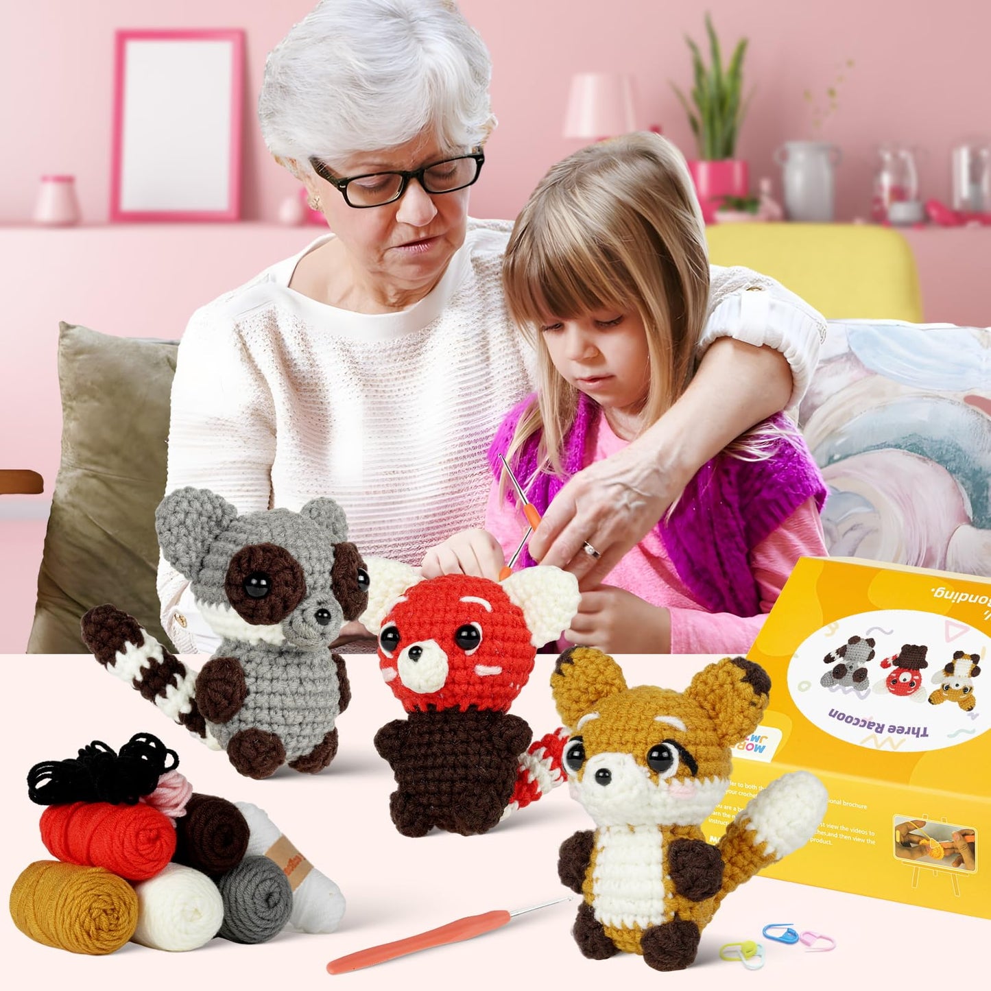 MOREJMTT Crochet Kit for Beginners, Crochet Animal Kits,Crocheting Kit for Starters with Step-by-Step Video Tutorials, Knitting kit (3Pack Forest Animals)