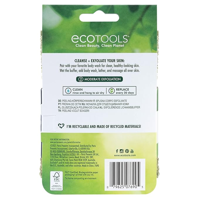EcoTools Exfoliating Body Buffer, for Body Cleansing, Designed with Strap, Sustainable and Vegan Body Scrubber, 4 Count (Pack of 1)